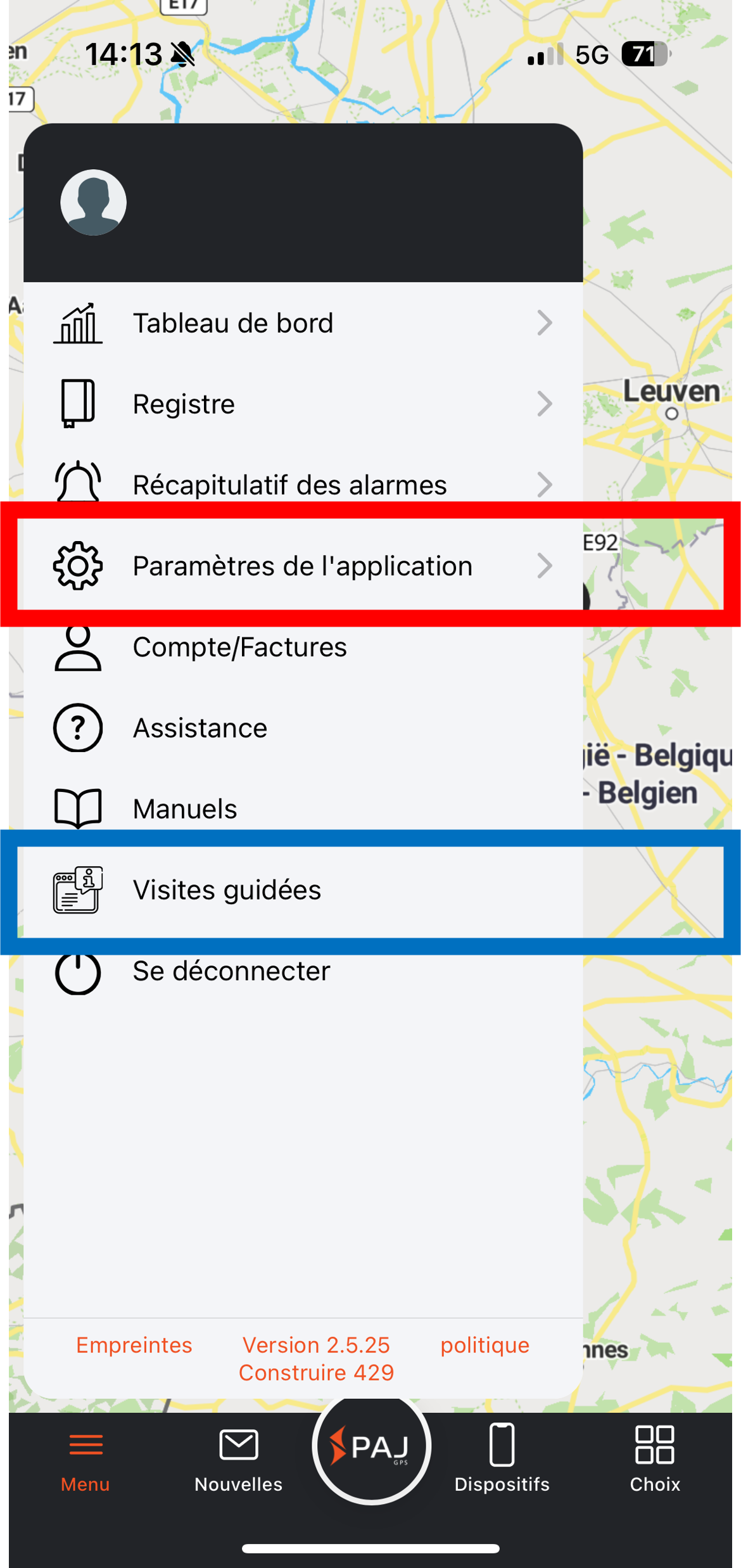 Screenshot de l'application PAJ sur le menu principal