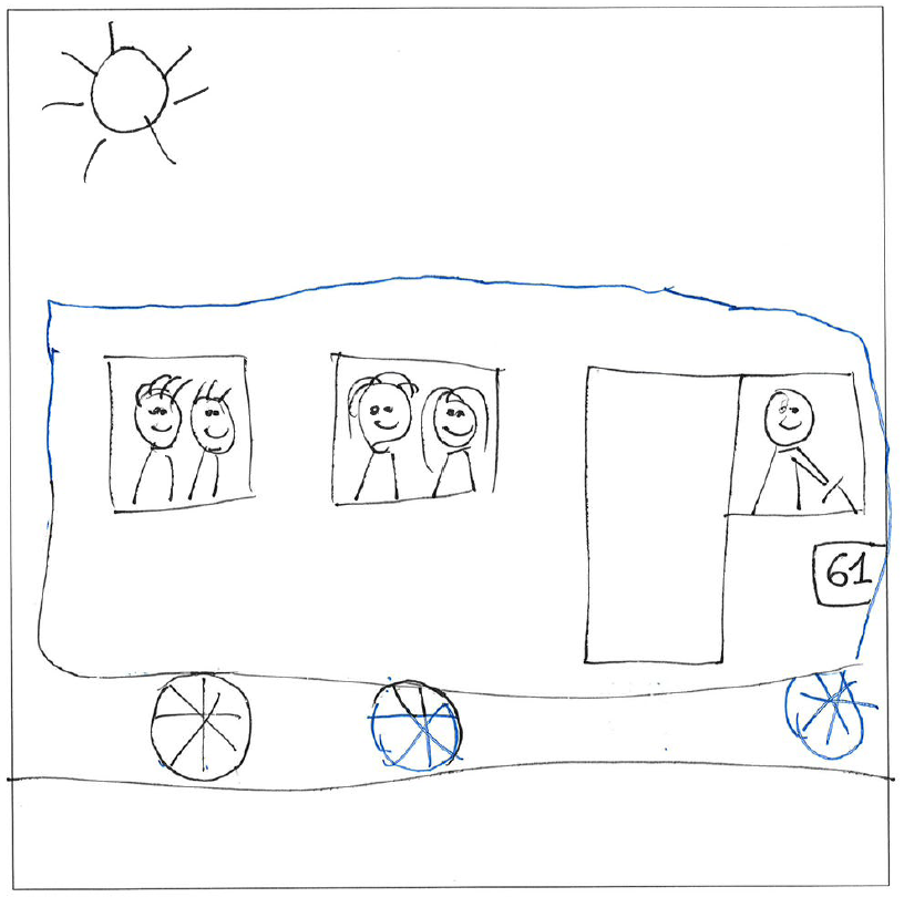 Drawing of a bus with happy children looking out of the window