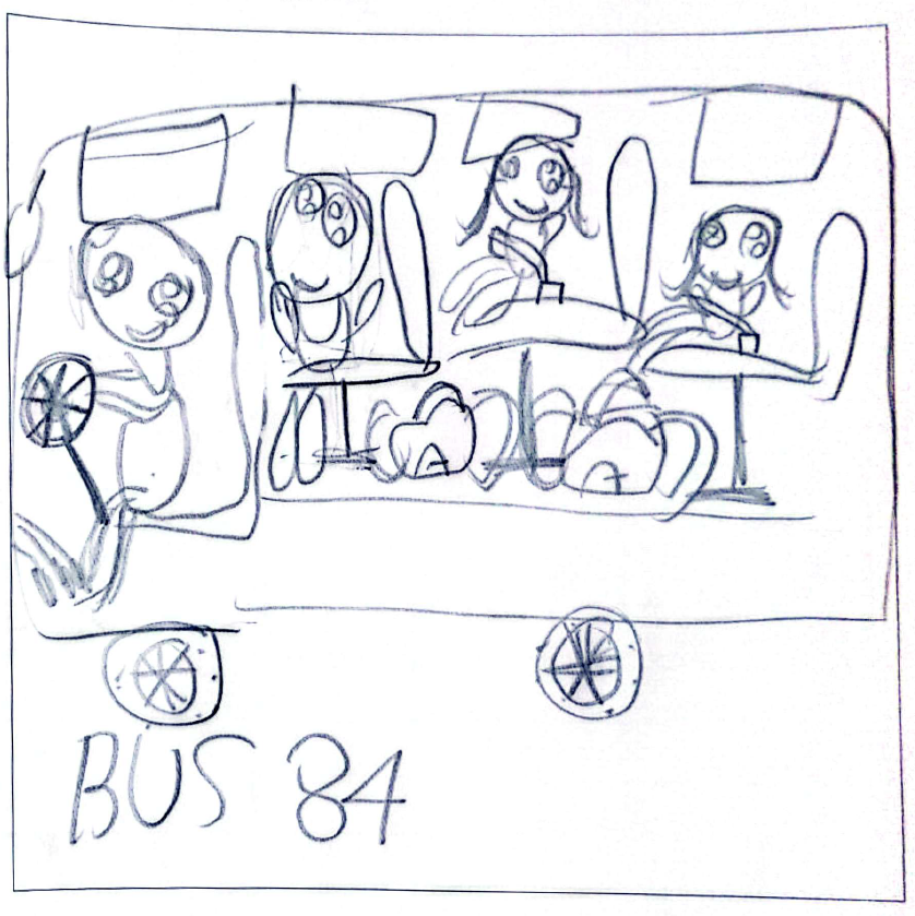Drawing of children on a bus with their driver
