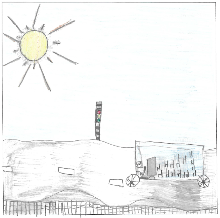 Drawing of a bus at a traffic light