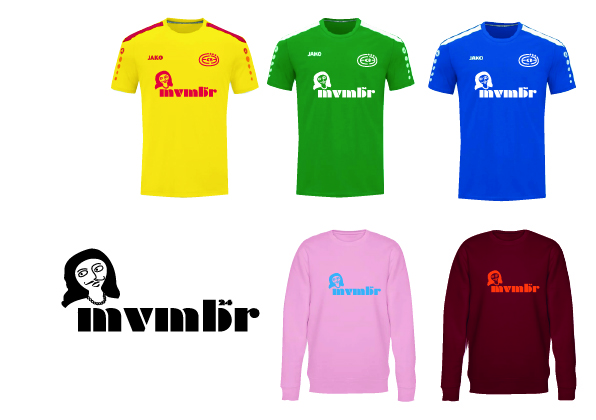 Image showing the movember madam logo for eeb3 for 2024, with 3 sports shirt (yellow, green, and blue) and 2 sweater (pink and bordeau) options