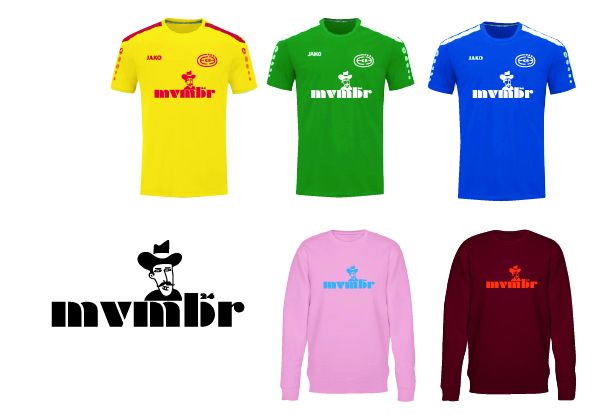 Image showing the movember signor logo for eeb3 for 2024, with 3 sports shirt (yellow, green, and blue) and 2 sweater (pink and bordeau) options