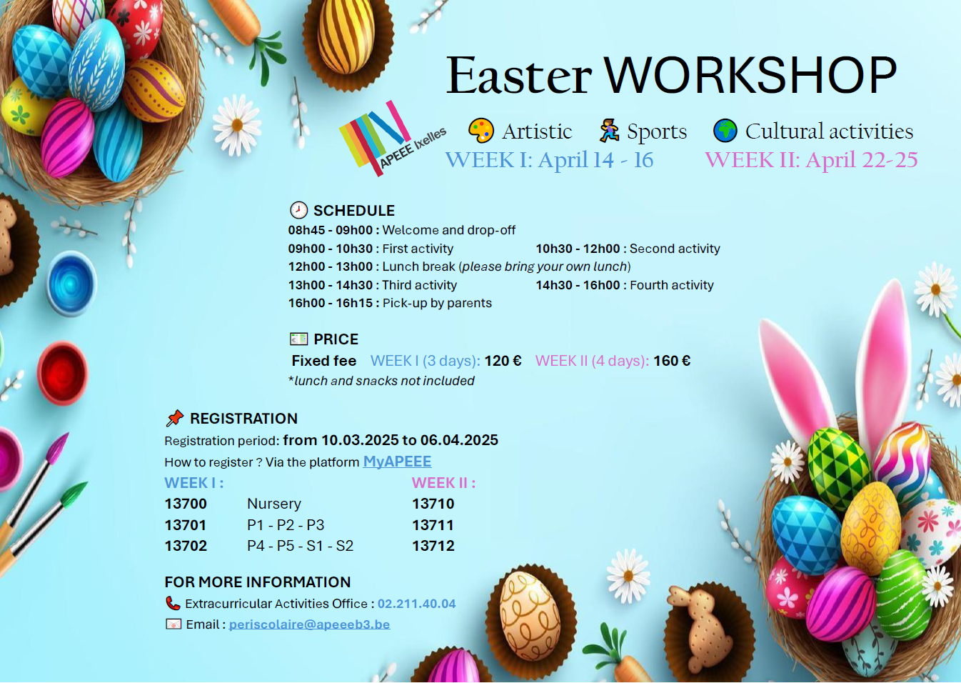 Easter egg-themed poster with information for the April workshop - more information through periscolaire@apeeeb3.be