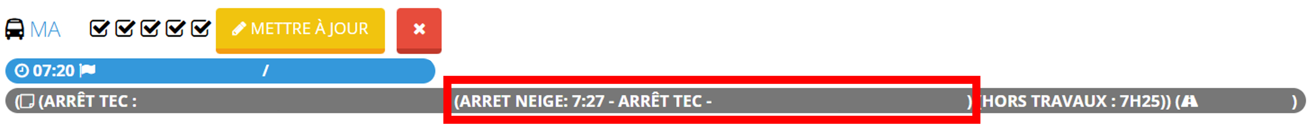 Template bus stop display with the "Arrêt neige" information circled in red.